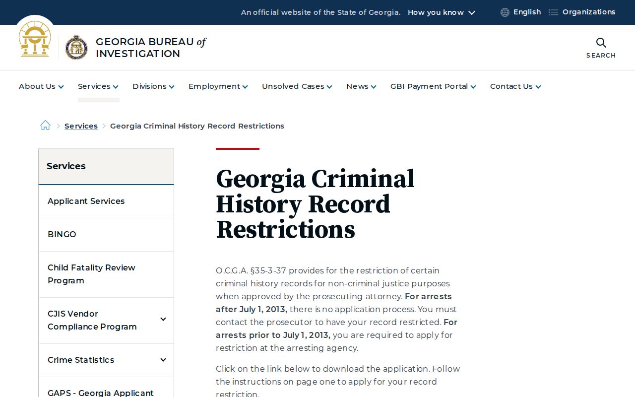 Georgia criminal history record restriction application gateway