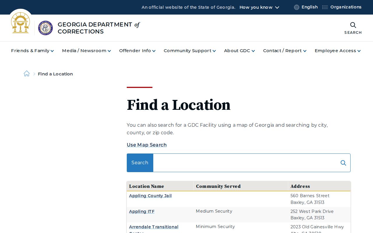 Georgia facility directory used after a Richmond County arrest transfer