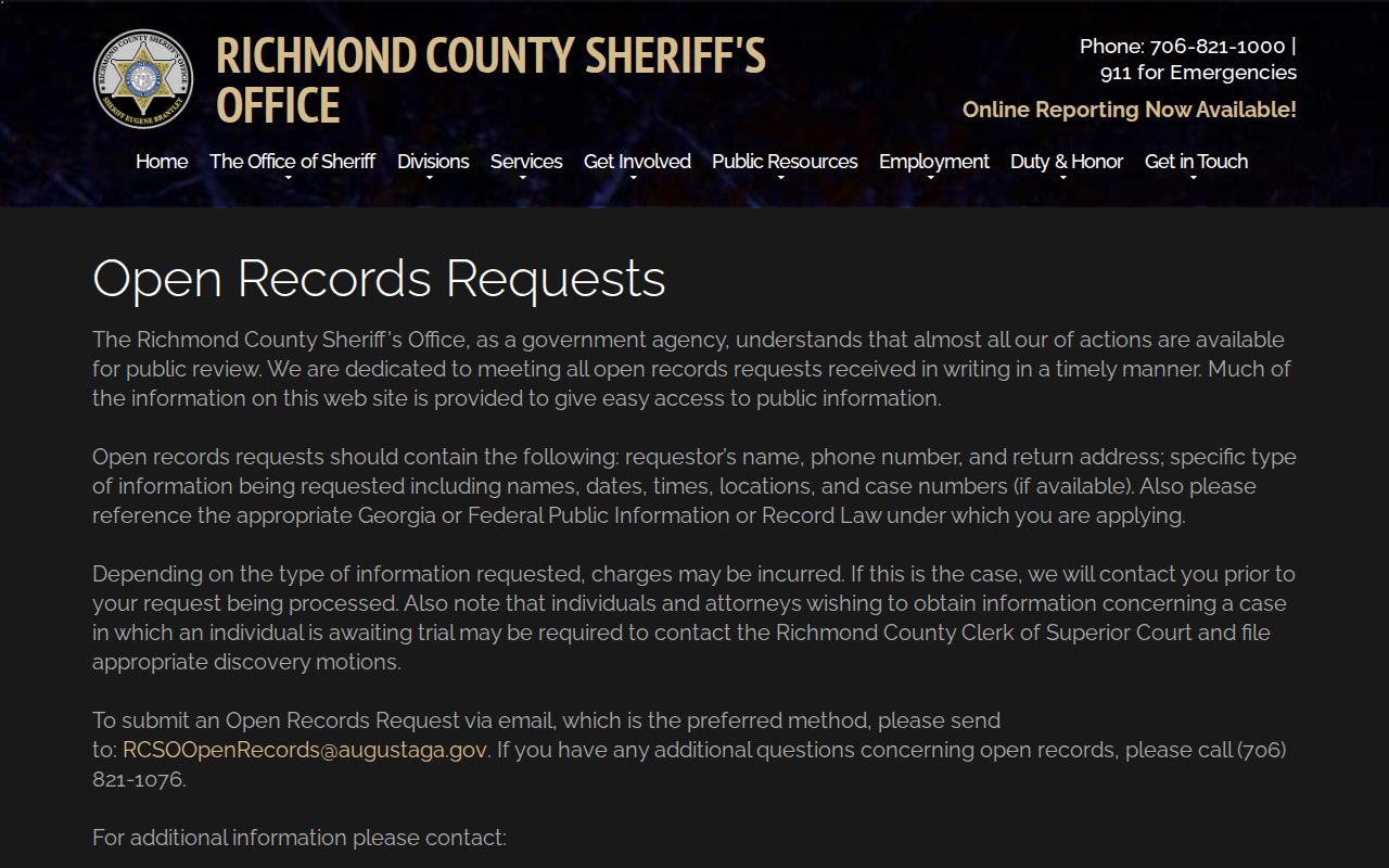 Richmond County arrest report request page from the sheriff
