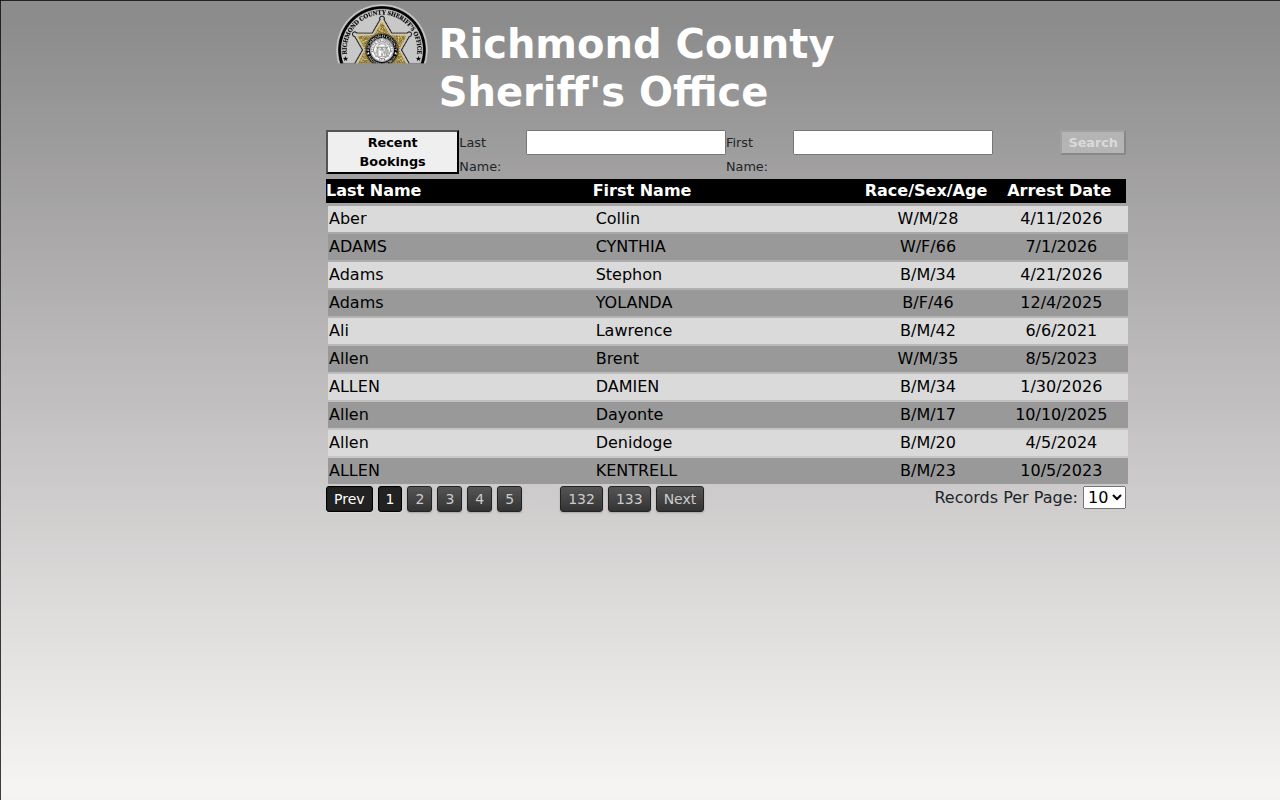 Richmond County arrest search on the official RCSO booking inquiry