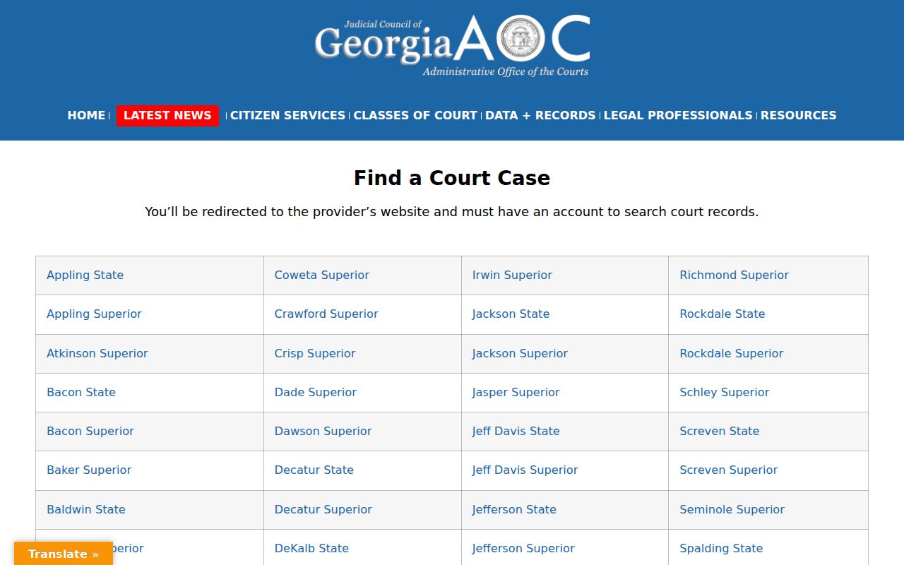 Georgia e-access directory listing for Richmond County court cases